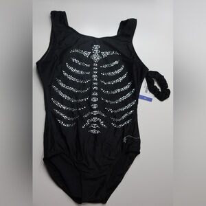 Black Crystal Ribcage Ballet or Gymnastics Leotard with Matching Scrunchie
